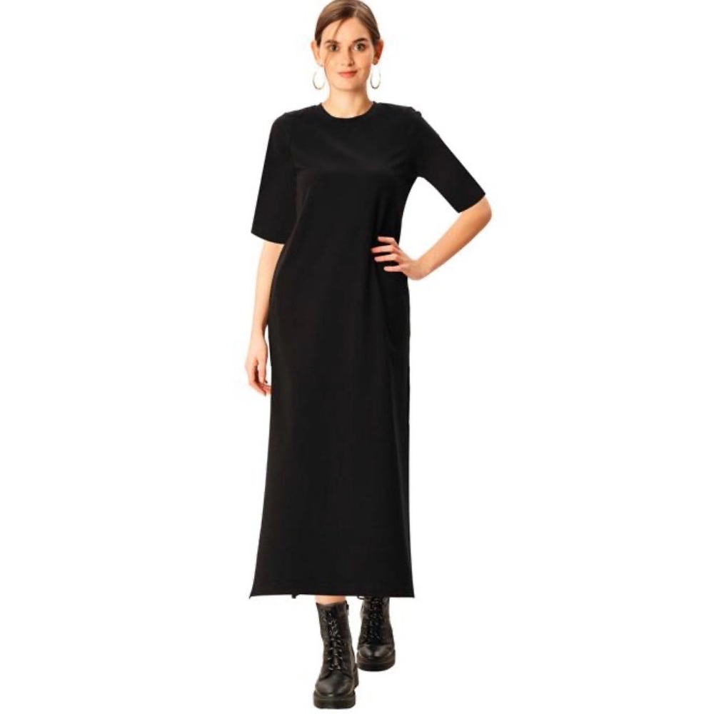 eShakti Cotton Spandex Jersey Vented Shift Dress 2X Maxi Long Black Split Hem